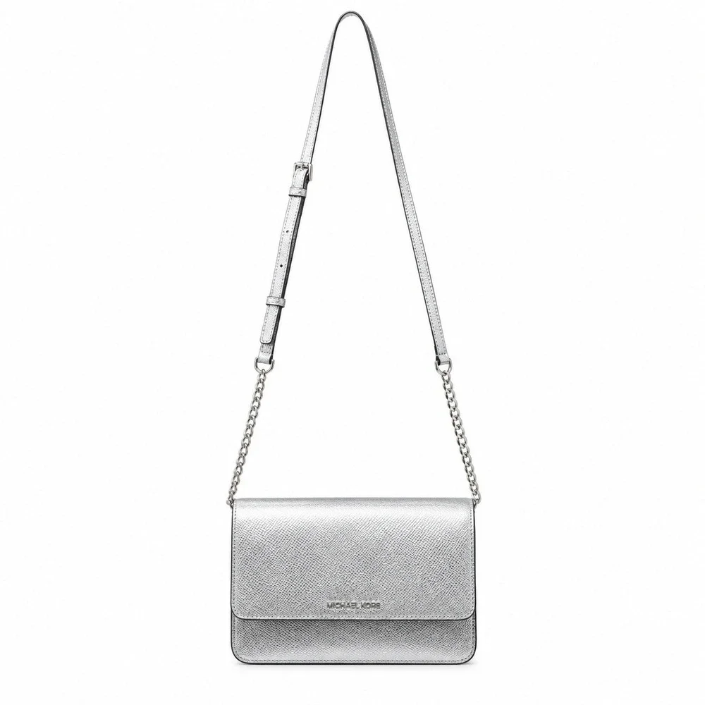 Michael Kors‎ Daniela Large Gusset Crossbody Bag Silver Metallic Leather Chain